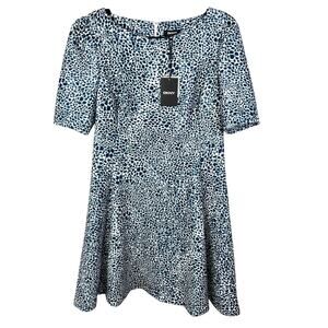 DKNY Size 14 Blue and White Speckled Fit and Flare Dress Short Puff Sleeves NWT